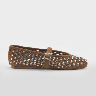 STEVE MADDEN DONNA BALLERINE BALLERINA TRAFORATA CAMOSCIO COGNAC SWAROVSKY 35-2 immagine n. 1/5